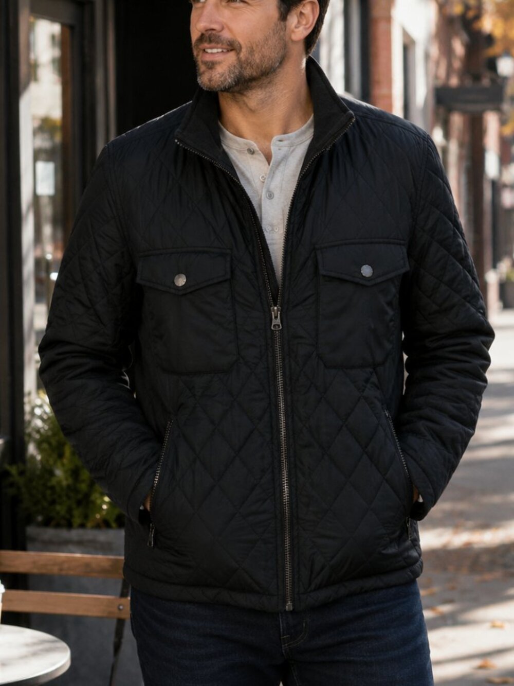 UNTUCKit Marne Diamond Quilted Utility Jacket Black Lightweight Zip Large